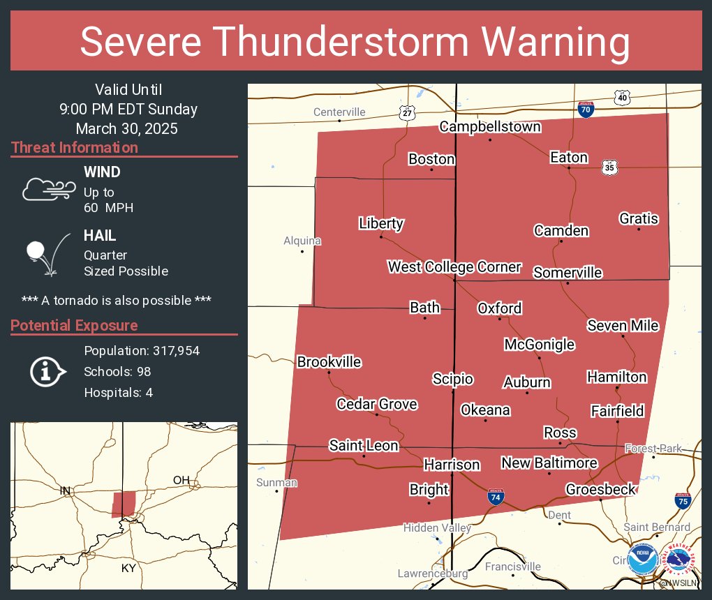 Severe Thunderstorm Warning including Hamilton OH, Fairfield OH and  Oxford OH until 9:00 PM EDT