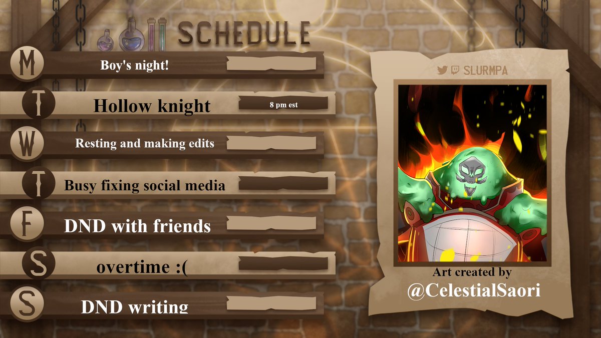 @slurmpa.bsky.social (Slime Knight Era) (@slurmpa) on Twitter photo Schedule for this week! Schedule made by: <a href="/tragicheroine/">Kelly Maher</a>
art by <a href="/CelestialSaori/">Celestial Saori🔮(NOW ON VGEN)</a> Schedule for this week! Schedule made by: <a href="/tragicheroine/">Kelly Maher</a>
art by <a href="/CelestialSaori/">Celestial Saori🔮(NOW ON VGEN)</a>