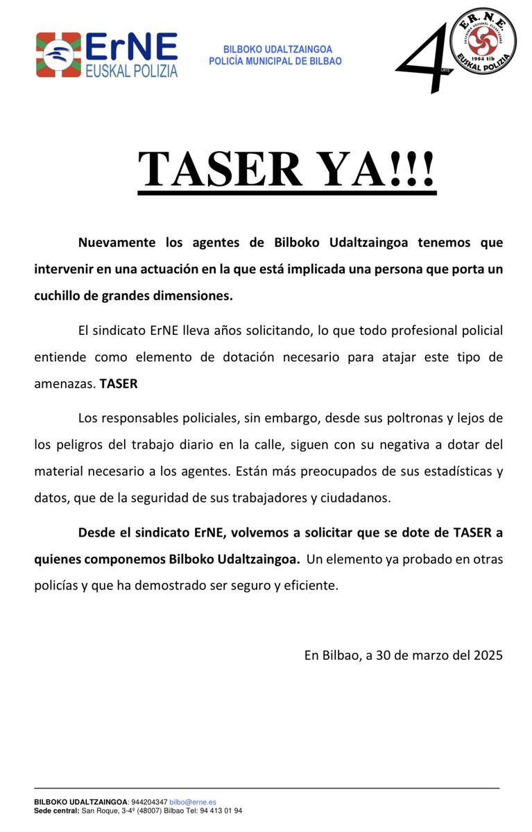 erneudala's tweet photo. @Bilbao_Polizia #taser
@juanmariaburto 
@ArkauteAkademia 
@bilbao_udala 
#bilbao 
@udaltzaingoak 
@dolabarri https://t.co/GLH6IYtdi9