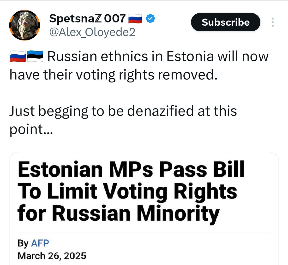 Estonia adjusted its voting laws to match EU norms - only citizens can vote in local elections now. Ethnic Russians with Estonian citizenship still have full voting rights. This is about sovereignty, not ethnicity! 
So why don't you top spreading fake news <a href="/Alex_Oloyede2/">Spetsnaℤ 007 🇷🇺</a>