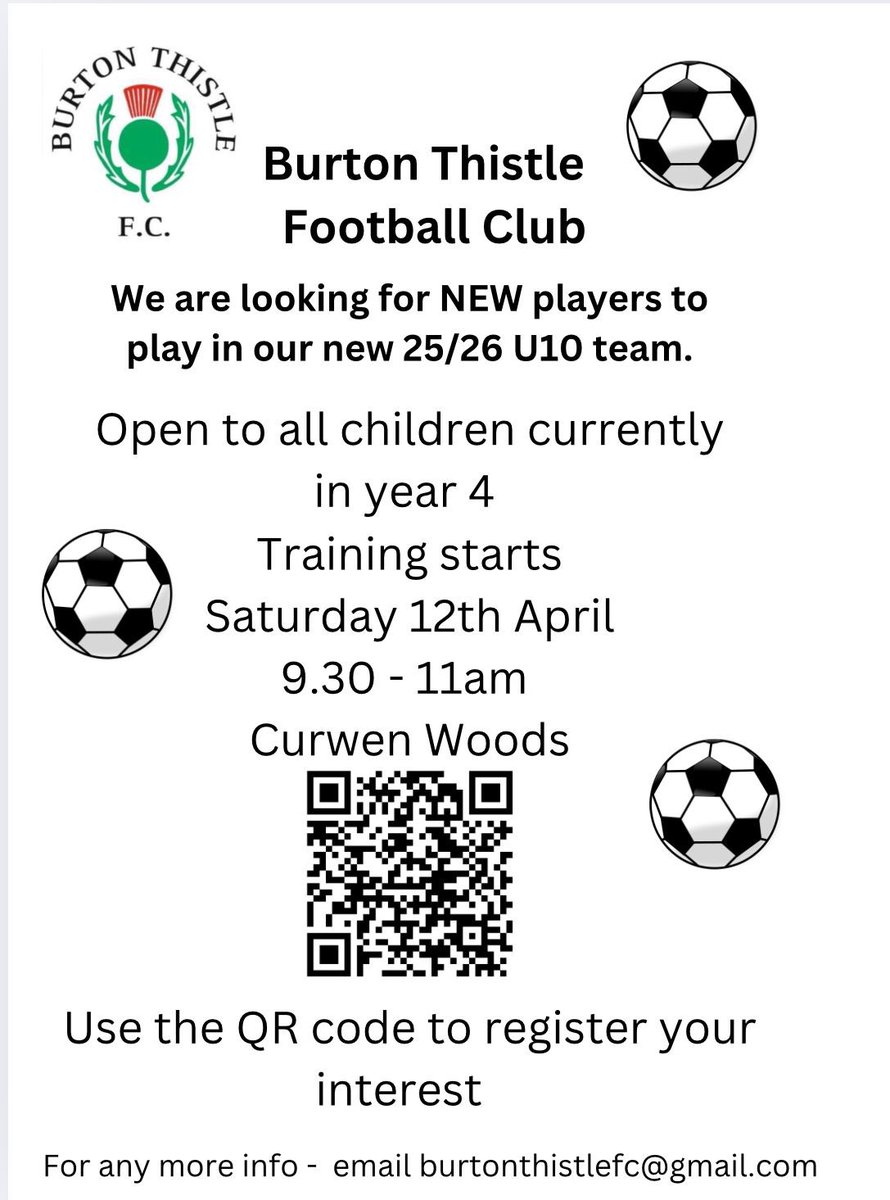 burtonthistlefc's tweet photo. Youth football returns to Burton Thistle after nearly 30 years!

We’re launching an U10s team for 25/26 and holding an open training session for current U9s (Year 4):

📅 Sat 12th April 2025
⏰ 9:30 – 11:00 AM
📍 Curwen Woods, Burton in Kendal https://t.co/RkoJl92nAs