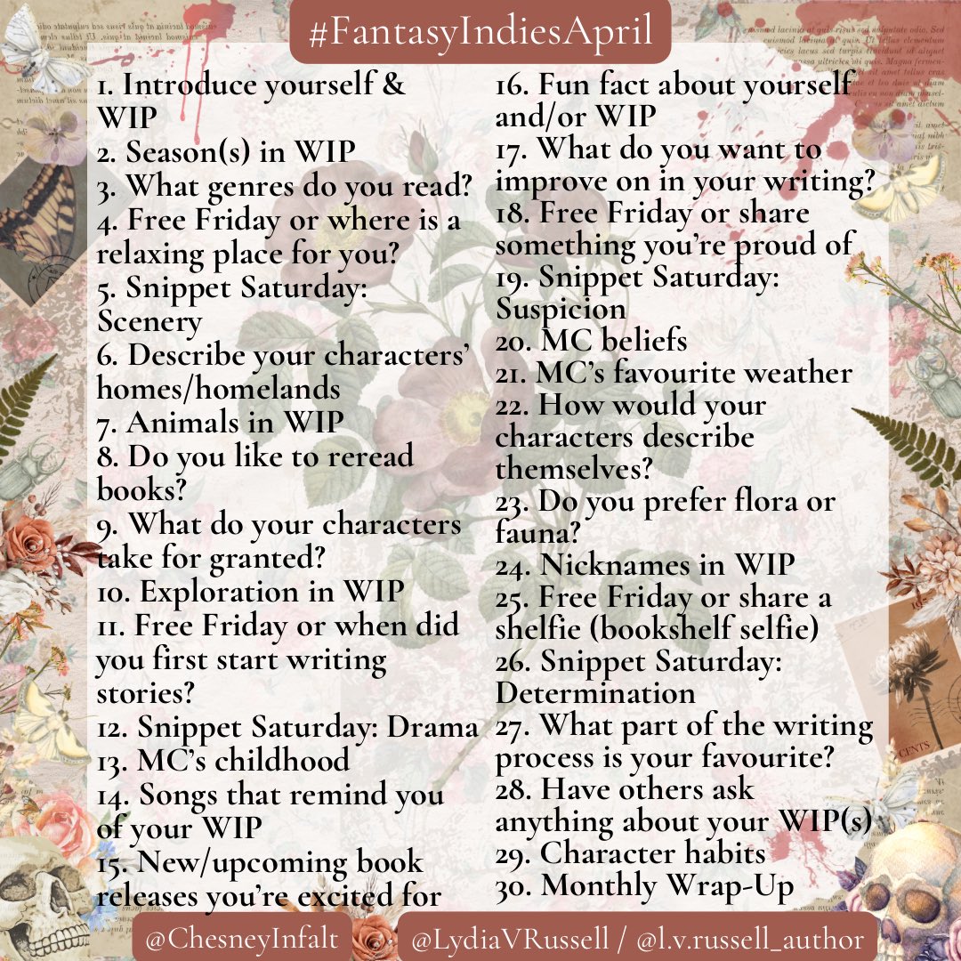 Fantasy Indies (@fantasyindies) on Twitter photo ๐ฟ #FantasyIndiesApril ๐ฟ
All genres welcome! For snippets, you can use the word of the day or post whatever. You can use the prompts for WIPs or published books.
Feel free to ask the hosts questions!
Love,
Faeries at Fantasy Indies
<a href="/LydiaVRussell/">Lydia V Russell</a> <a href="/ChesneyInfalt/">Chesney Infalt</a> ๐ฟ #FantasyIndiesApril ๐ฟ
All genres welcome! For snippets, you can use the word of the day or post whatever. You can use the prompts for WIPs or published books.
Feel free to ask the hosts questions!
Love,
Faeries at Fantasy Indies
<a href="/LydiaVRussell/">Lydia V Russell</a> <a href="/ChesneyInfalt/">Chesney Infalt</a>
