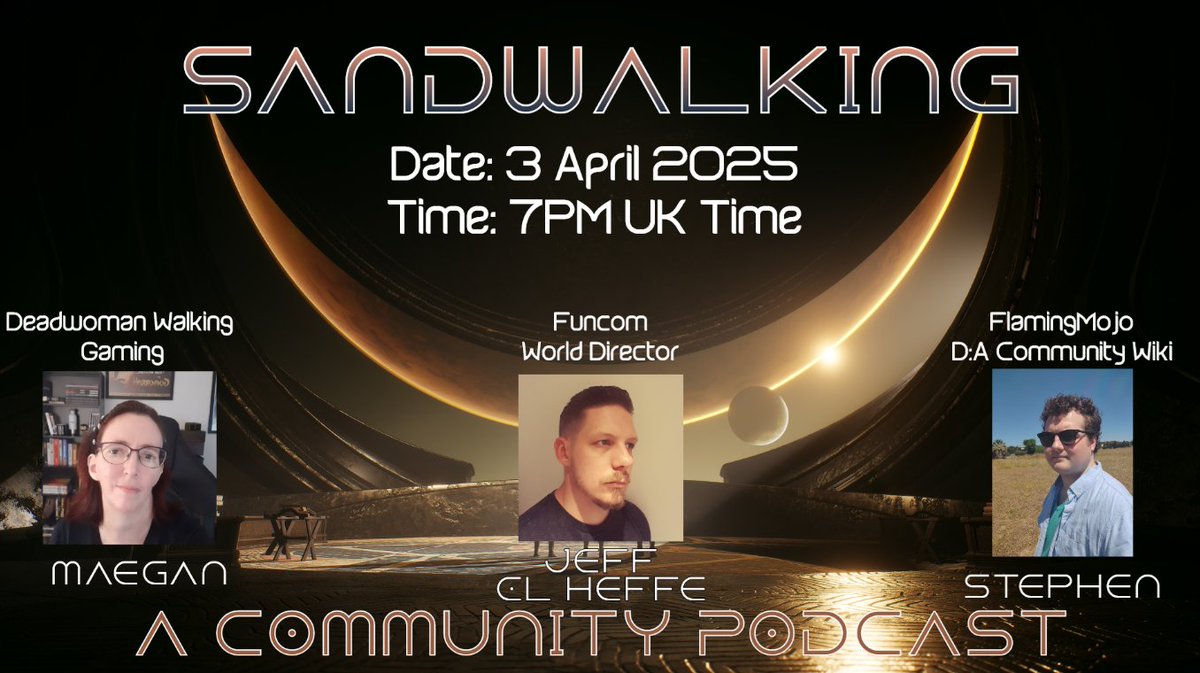 Join <a href="/FlamingMojo/">FlamingMojo</a> and I with the amazing world director Jeff/Heffe while we talk about the new game, Dune:Awakening! We'll have lots of fun! We also have a giveaway planned - a copy of the game!
#Funcom #DuneAwakening #podcast 
<a href="/Funcom/">Funcom</a> <a href="/DuneAwakening/">Dune: Awakening</a> 
twitch.tv/deadwomanwalki…