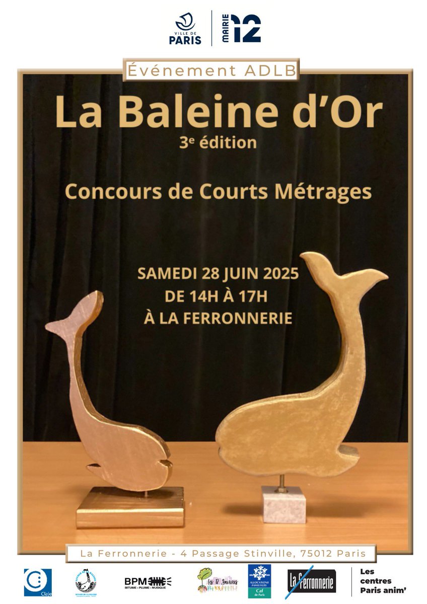 Après le succès des deux précédentes sessions, la 3e édition du concours de courts métrages La Baleine d'Or 🐋 aura lieu le samedi 28 juin à partir de 14h30 à la Ferronnerie.

Conditions de participation :
- Thème : libre
- Durée max : 7 minutes
- Date limite : 24/06

#paris12