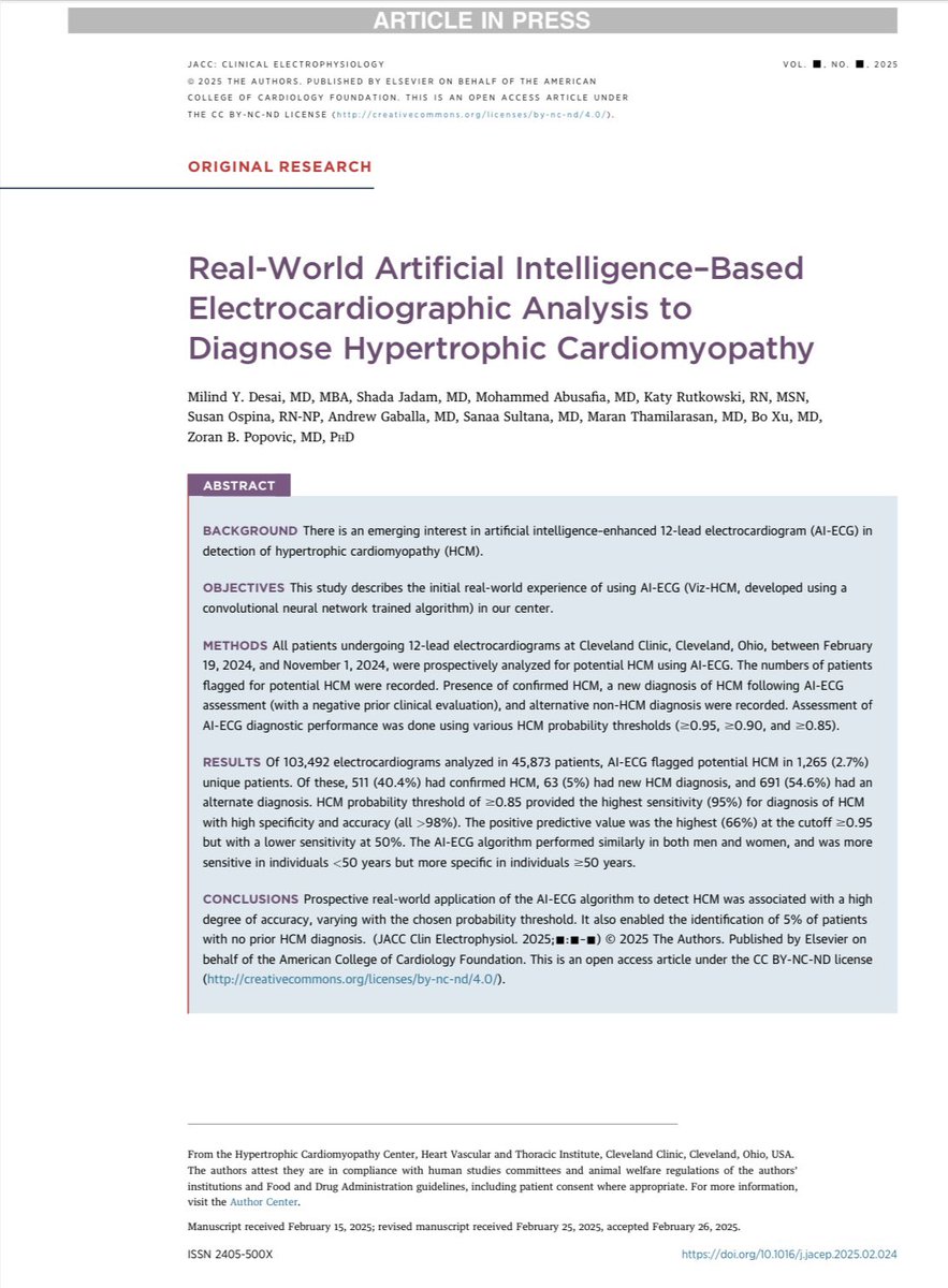 Shada Jadam (@shadajadammd) on Twitter photo 🫀Dr. <a href="/DesaiMilindY/">Milind Desai MD MBA</a> presenting our data on Real-World AI-Based ECG Analysis to Diagnose Hypertrophic Cardiomyopathy at #ACC25
Paper simultaneously published in <a href="/JACCJournals/">JACC Journals</a>
sciencedirect.com/science/articl…
<a href="/CleClinicHVTI/">Cleveland Clinic Heart, Vascular & Thoracic</a> <a href="/MohdSamihMD/">Mohammed S. AbuSafia</a> 🫀Dr. <a href="/DesaiMilindY/">Milind Desai MD MBA</a> presenting our data on Real-World AI-Based ECG Analysis to Diagnose Hypertrophic Cardiomyopathy at #ACC25
Paper simultaneously published in <a href="/JACCJournals/">JACC Journals</a>
sciencedirect.com/science/articl…
<a href="/CleClinicHVTI/">Cleveland Clinic Heart, Vascular & Thoracic</a> <a href="/MohdSamihMD/">Mohammed S. AbuSafia</a>