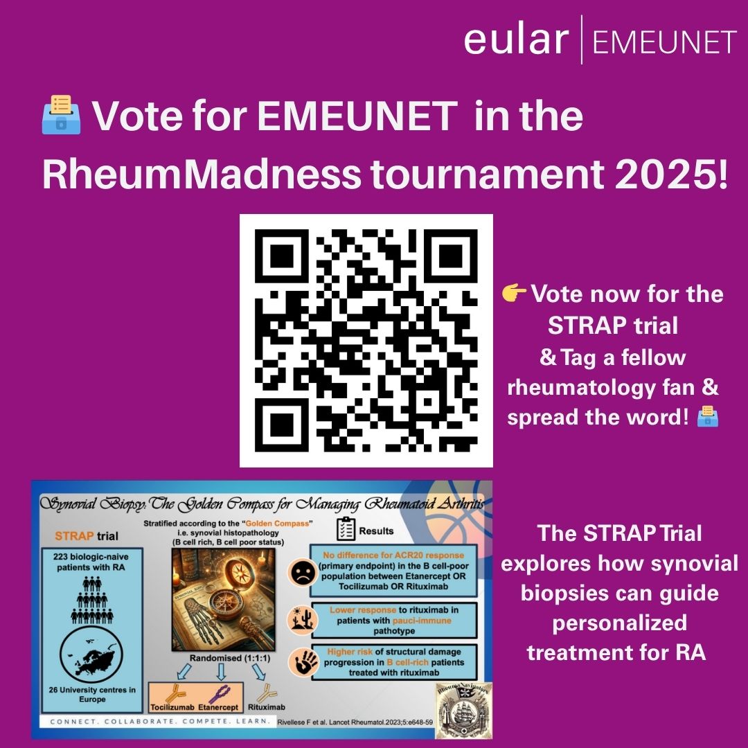 EMEUNET (@emeunet) on Twitter photo 🗳️ Support #EMEUNET in the #RheumMadness tournament!
Vote for STRAP trial as the Champion here: tourneytopia.com/RheumMadness/T…
✔️It takes just 2 mins!
📅 Deadline is April 1 at 6AM CET
<a href="/yvytan/">Yvonne Tan</a> <a href="/JGLetarouilly/">Jean-Guillaume Letarouilly</a> <a href="/krystelaouad/">Krystel Aouad</a> 🗳️ Support #EMEUNET in the #RheumMadness tournament!
Vote for STRAP trial as the Champion here: tourneytopia.com/RheumMadness/T…
✔️It takes just 2 mins!
📅 Deadline is April 1 at 6AM CET
<a href="/yvytan/">Yvonne Tan</a> <a href="/JGLetarouilly/">Jean-Guillaume Letarouilly</a> <a href="/krystelaouad/">Krystel Aouad</a>