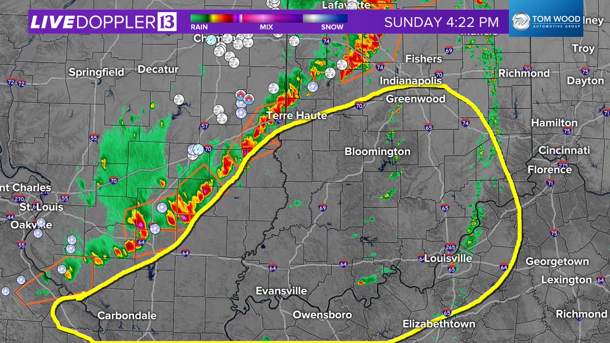 Power outages climbing in Indiana from line that's remaining just north-northwest of Indy.

Secondary line showing embedded rotation and will encounter an atmosphere south of I-70 more suitable for spin/tornadoes over next 5 hours.

Continuing coverage: wthr.com/watch