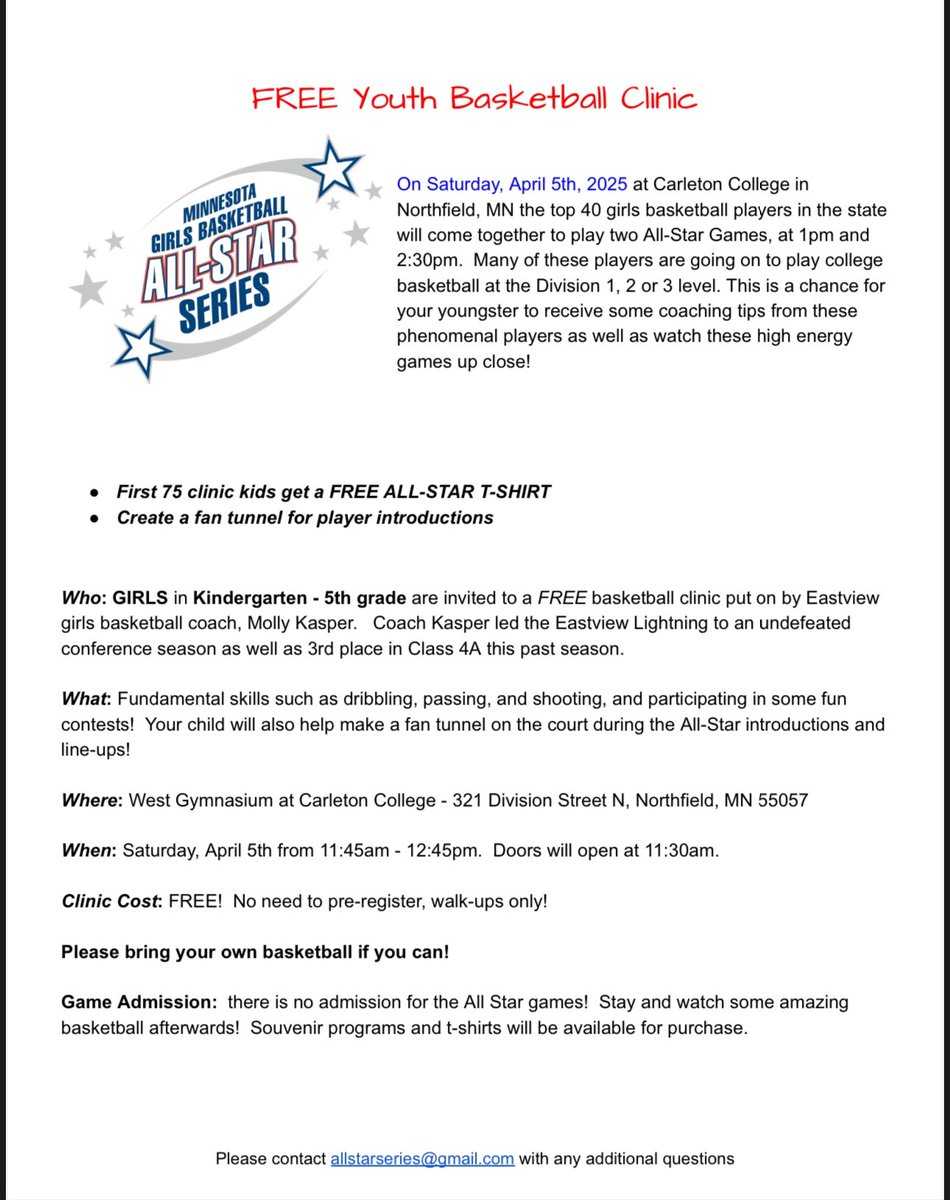 🚨 Girls K-5th grade: Don’t miss this FREE basketball clinic at Carleton College on Saturday, April 5th! 

No registration required!