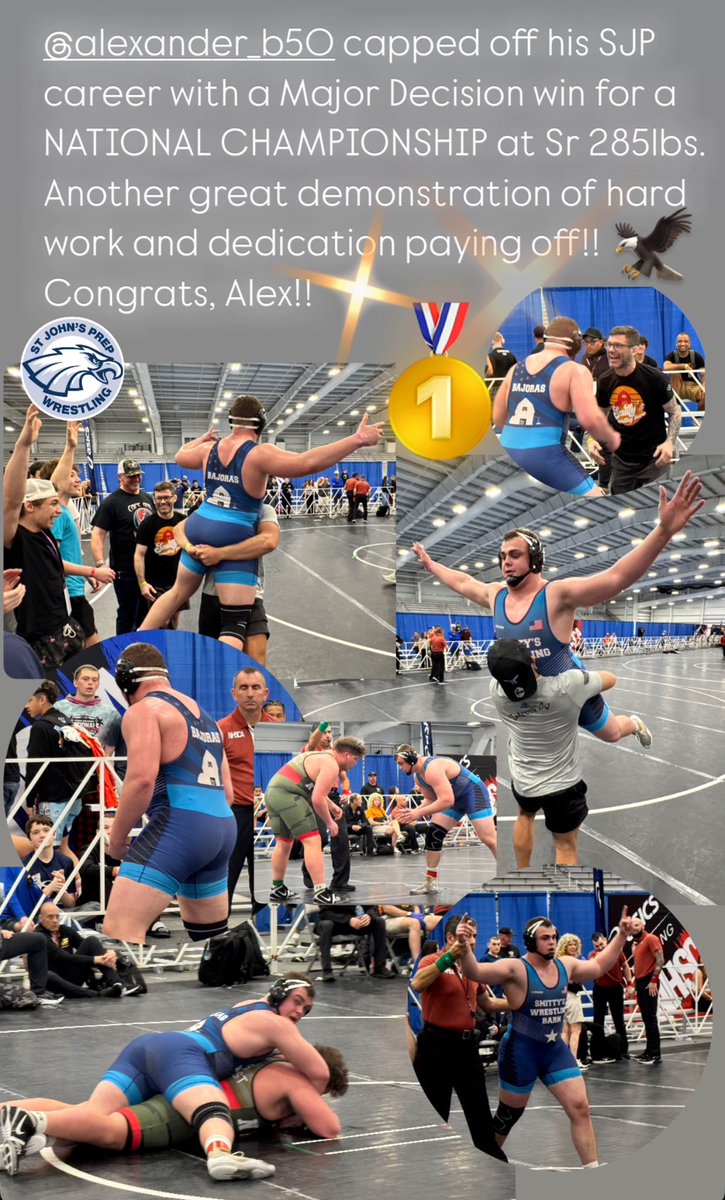 SJPWrestling's tweet photo. Alex Bajoras is your NATIONAL CHAMPION at Sr 285lbs!! 
We love to see this added to his growing high school wrestling resume.
 Congrats to Alex, his family, and everyone who keeps believing in him!! https://t.co/hqB8lI6etC