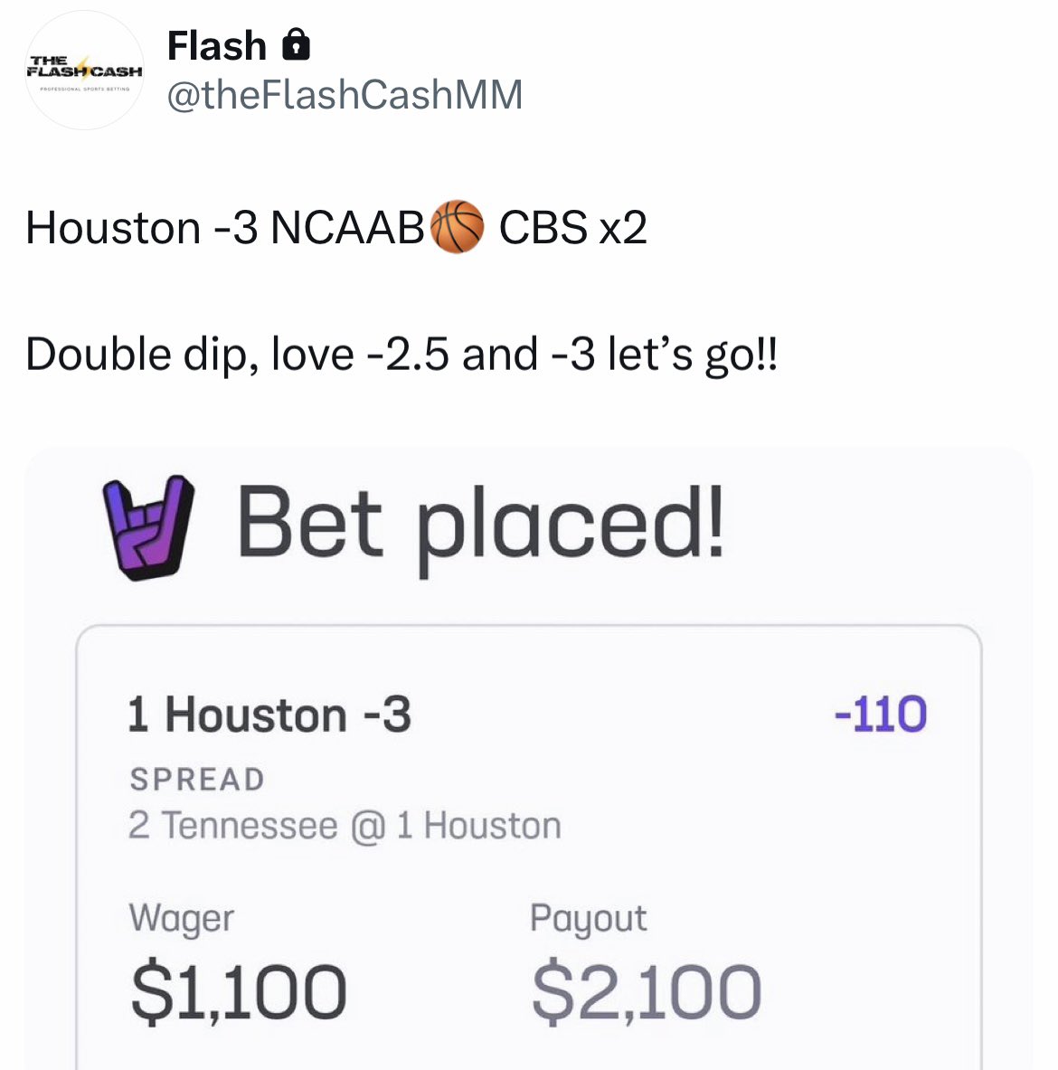 theFlashCash's tweet image. 💰💰 Houston -2.5/-3 #Cash it!! 💰💰

3 straight March Madness winners!! Stay true to it, some great regression plays; &amp;amp; boy I just dislike Tennessee. Cheers.

Show some love if you cashed 📷🤝💛