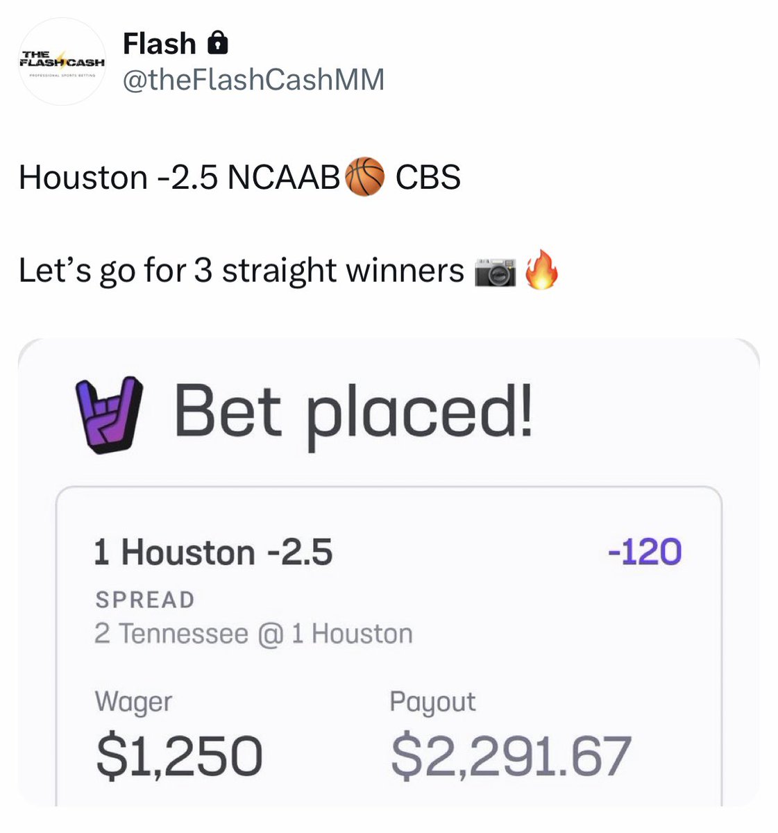 theFlashCash's tweet image. 💰💰 Houston -2.5/-3 #Cash it!! 💰💰

3 straight March Madness winners!! Stay true to it, some great regression plays; &amp;amp; boy I just dislike Tennessee. Cheers.

Show some love if you cashed 📷🤝💛