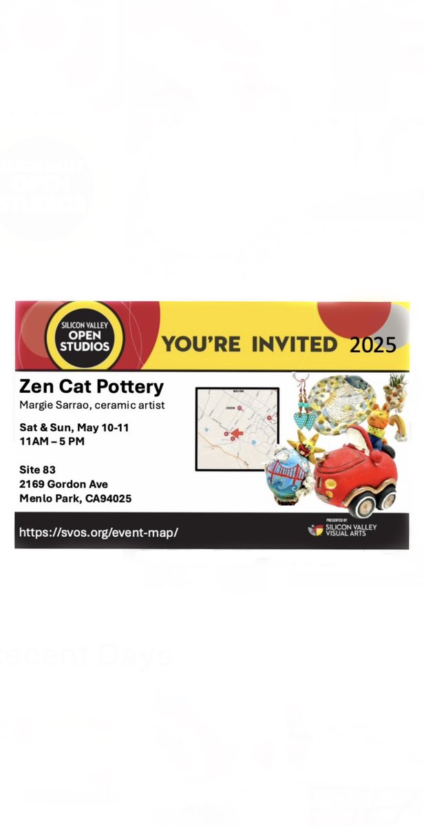 ZenCatPottery's tweet photo. If you’re in the San Francisco Bay Area Mother’s Day weekend, please stop by and say, “Hello”! I’m site 83 & you can find the map here: https://t.co/eMJq6wdX6H
#svos #svos2025 #siliconvalleystudiotour #bayareaart #bayareaartist #sanfranciscoart https://t.co/soEzdUMIKc