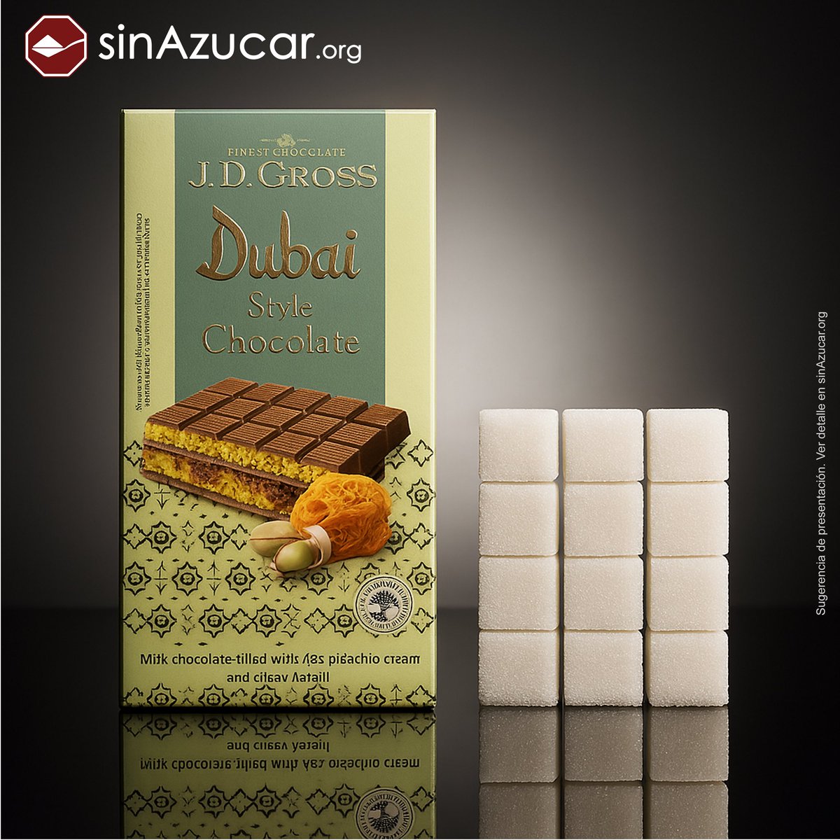 Una tableta de chocolate Dubai de Lidl (122 g) tiene 48,5 g de azúcar, equivalente a algo más de 12 terrones.