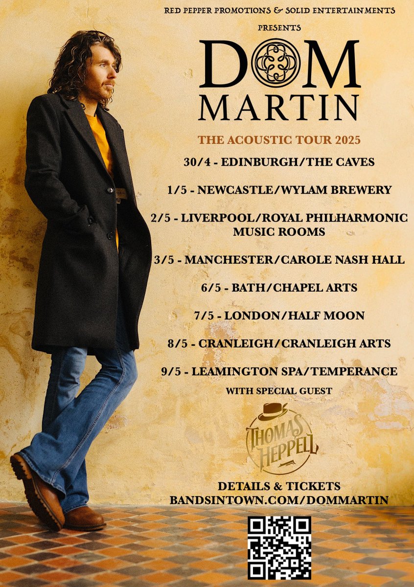 Dom Martin is set to embark on an incredible Acoustic Tour starting April 30th, featuring an impressive lineup of 8 dates across various cities. 

But that’s not all! Joining him on this tour is the one &amp; only Thomas Heppell 

Grab your tickets early

solidentertainments.com/presents.htm#D…