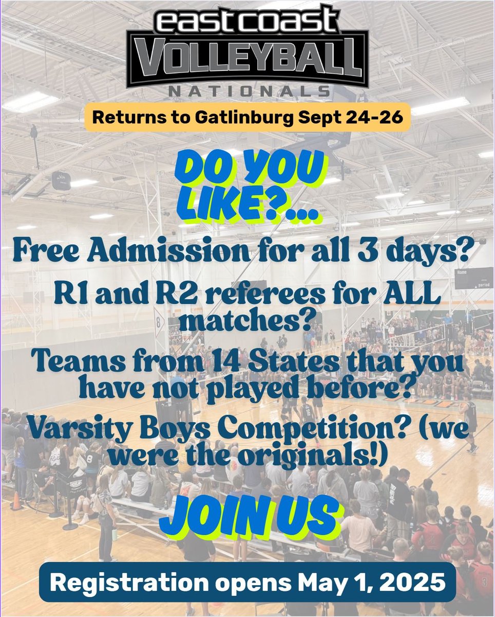 #ECBuzz!
Do you like?
Free Admission?
R1 &amp; R2 refs for every match?
Playing teams from 14 states that you have not played yet?
Varsity Boys competition? (we were the originals)

JOIN Us!
hspn.net/ect/east-coast…