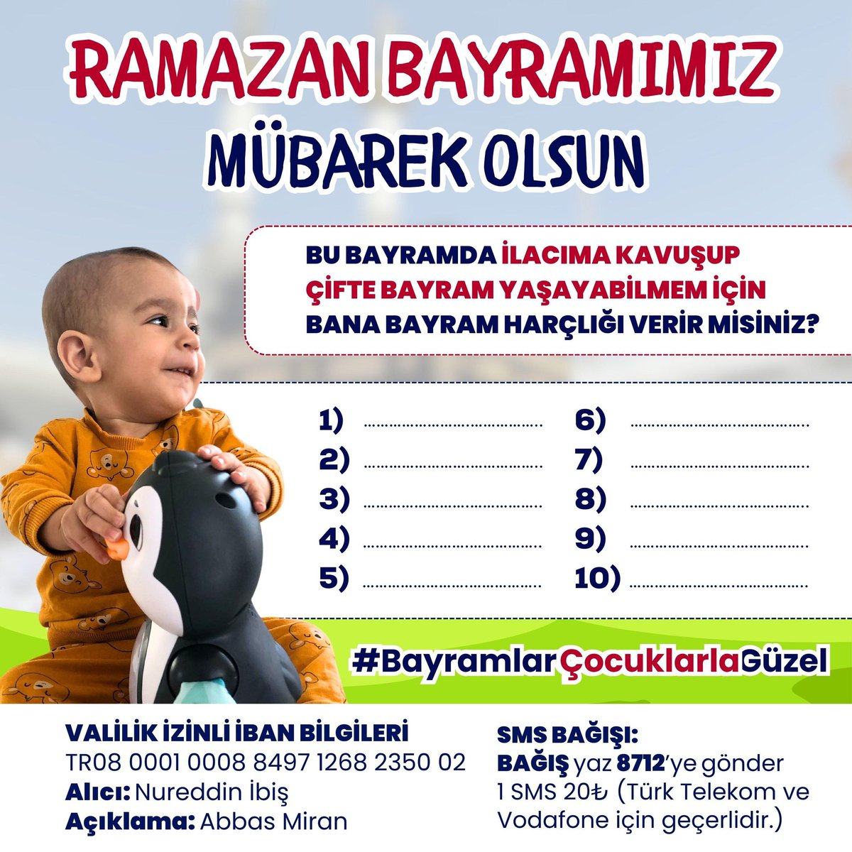 sma_platformu's tweet photo. Bayram Harçlıklarımı Unutmayın 💞

Bu bayram kapınıza gelemiyorum ama bir dahaki bayram sizlerin bağışlarıyla hasret kaldığım parklarda koşup oynayabilir,şekerin tadına varabilirim🪻
Bayramınız mübarek olsun 🪻

@Smaabbasmiran  💙 https://t.co/qkZAx7ENTX