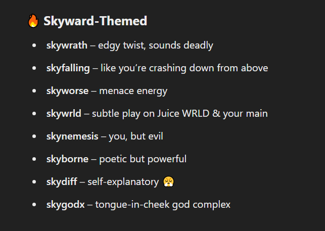 Skywardd7's tweet photo. im never asking chatgpt for ign ideas again wtf LMAO?? https://t.co/8KeTtub1jH
