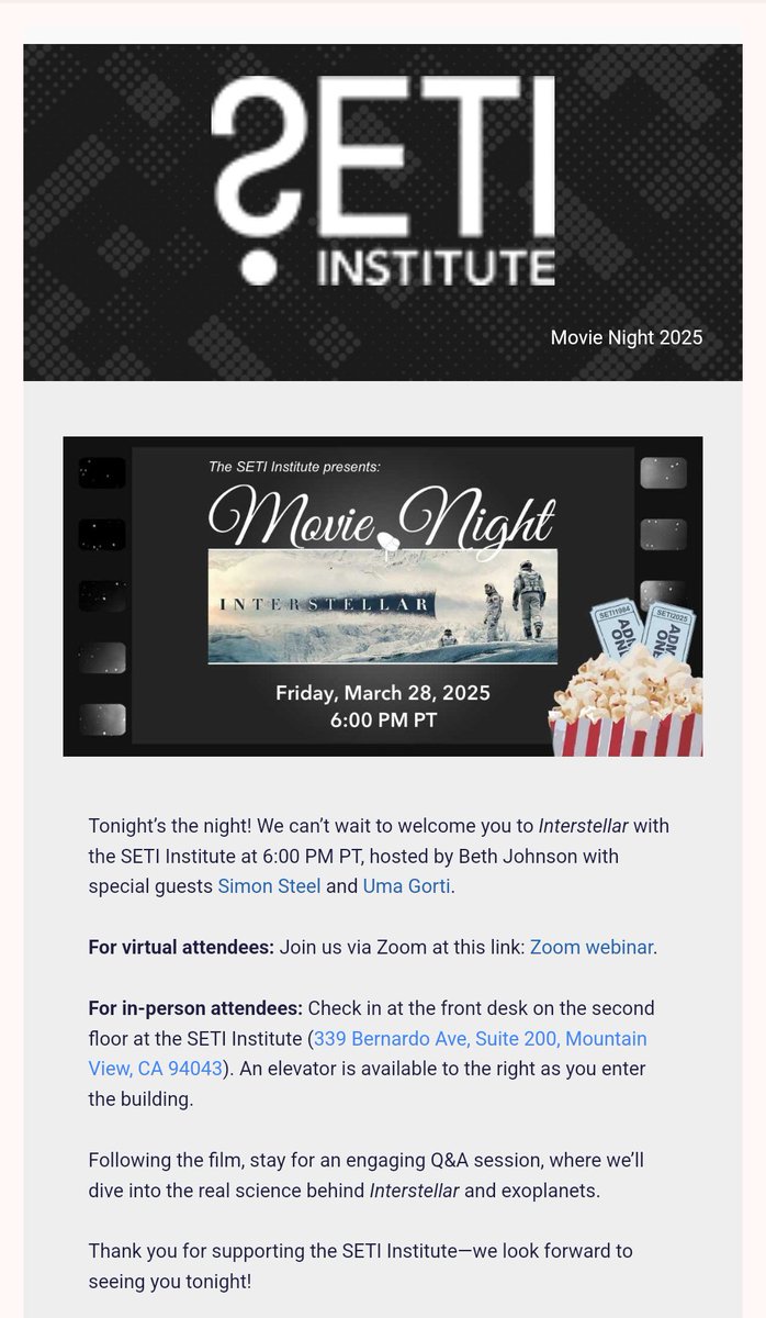 Izabela Borowska (@borowskaiza) on Twitter photo Many thanks to the <a href="/SETIInstitute/">The SETI Institute</a> for hosting the incredible Interstellar Movie Night on Friday, March 28, 2025! It was an unforgettable evening featuring a special Q&A with scientists: Simon Steel and Uma Gorti.
#SETIInstitute #Interstellar #Writer #SciFi Many thanks to the <a href="/SETIInstitute/">The SETI Institute</a> for hosting the incredible Interstellar Movie Night on Friday, March 28, 2025! It was an unforgettable evening featuring a special Q&A with scientists: Simon Steel and Uma Gorti.
#SETIInstitute #Interstellar #Writer #SciFi