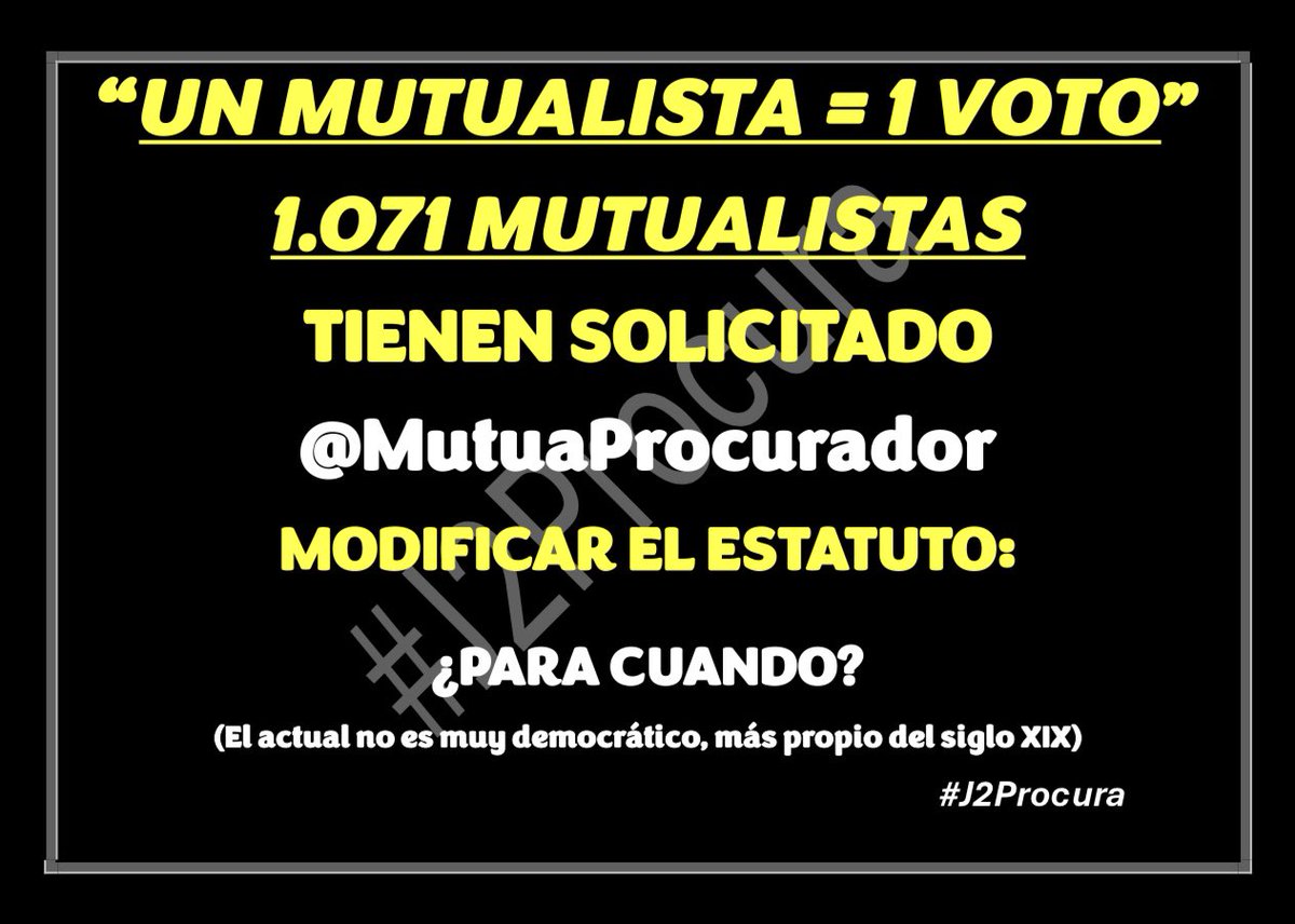 <a href="/MutuaProcurador/">Mutua Procuradores</a> 1071 mutualistas desde el 11/12/23 venimos reclamando 1 MUTUALISTA = 1 VOTO <a href="/GutierrezIdoia/">Idoia Gutiérrez</a> <a href="/JuanaMaraLozan1/">Juana María Lozano García</a> <a href="/J2Procura/">J2PROCURA</a> <a href="/RocioGV2/">Rocio Garcia Valdecasas</a> <a href="/AURELIAGVL/">AURELIA</a> <a href="/ProcuPreocupado/">Procurador Preocupado</a> <a href="/JccarballoJccr/">Juan Carlos Carballo (Procu #J2)</a> <a href="/PepaMendezNog/">Pepa Méndez. Procuradora</a> <a href="/bokeronamalaga/">NIEVES FERNANDEZ</a> <a href="/marivivn/">Mª Victoria Vázquez</a>