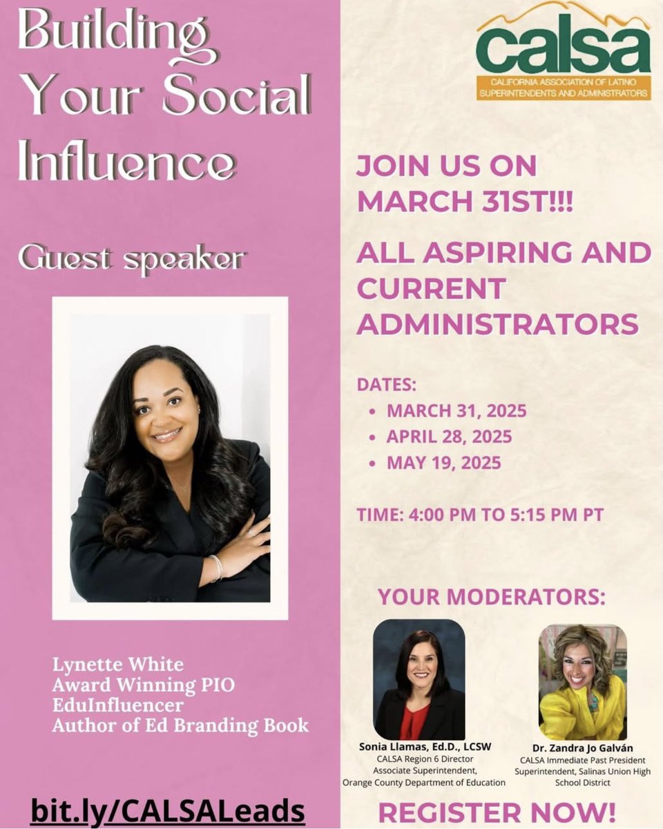 🔥 HAPPENING TOMORROW! 🔥
A Special CALSA Event

📆 March 31, 2025
⏰ 4:00 - 5:15 PM PST

REGISTER NOW: bit.ly/CALSALeads

Tag a colleague who would benefit from this professional growth opportunity! 👇

#CALSASuptCircle #LeadershipGrowth #SocialInfluence #EdBranding
