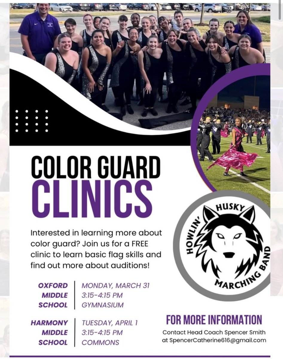 BVNW Bands (@bvnwbands) on Twitter photo Hey <a href="/HMSTBirds/">Harmony MS</a> and <a href="/OMSKnights/">Oxford Middle School</a>- Want to be part of the BVNW Howlin’ Husky Marching Band, but not playing an instrument? Become part of our award-winning Color Guard! Clinics happening this week after school! Hey <a href="/HMSTBirds/">Harmony MS</a> and <a href="/OMSKnights/">Oxford Middle School</a>- Want to be part of the BVNW Howlin’ Husky Marching Band, but not playing an instrument? Become part of our award-winning Color Guard! Clinics happening this week after school!