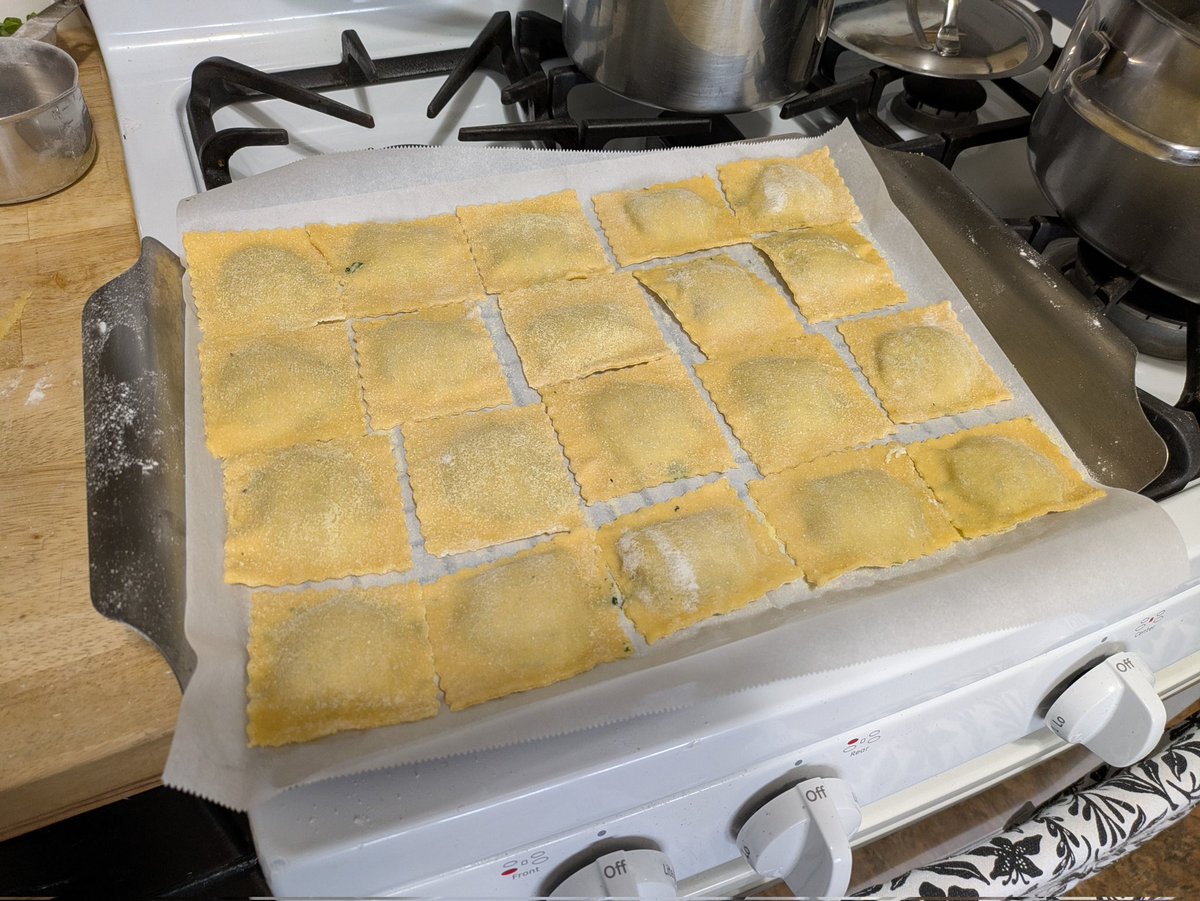 Semolina pasta, from sheet to Ravioli.  Filling is spinach and mushrooms cooked down with garlic, nutmeg, S&amp;P and then cooled.  Added to Ricotta, egg and Parmesan and then chilled again.  Piped into sheets and formed by hand.