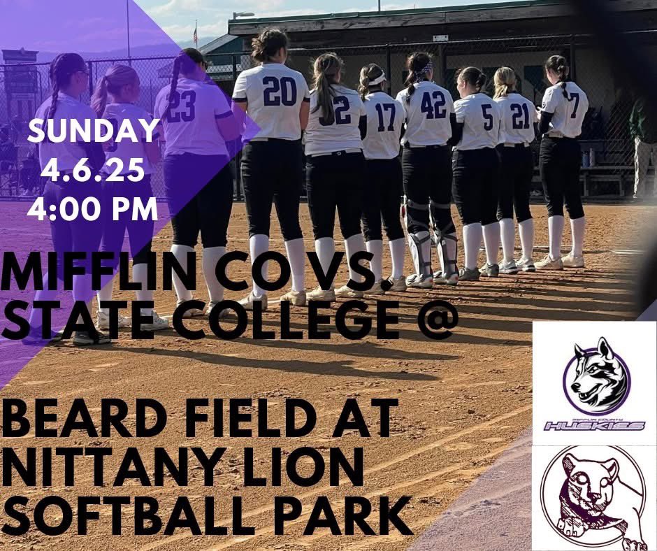 🚨 BIG NEWS!!
State College will host Mifflin County at PSU's Beard Field at Nittany Lion Softball Park on Sunday, April 6th @ 4 p.m.  This game will be played at the conclusion of the PSU-Rutgers softball game. 

More details to follow!