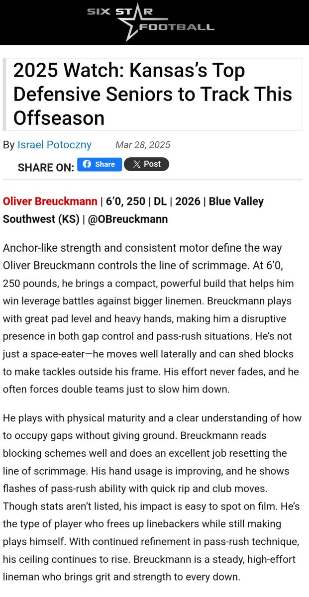 Oliver Breuckmann (@obreuckmann) on Twitter photo Big thanks to <a href="/SixStarFootball/">Six Star Football | PLUS+</a> for the feature—appreciate the words!
Time to turn more heads this season 👀
Shoutout <a href="/6starfootballKS/">Six Star Football | KANSAS</a> <a href="/sixstarfootball/">Six Star Football | PLUS+</a> <a href="/Jbfive5four4/">Justin Barlett</a> <a href="/CoachOrrick/">Anthony Orrick</a> <a href="/CoachJeddy_DL/">Coach Tuiloma | PassRush/RunStop Specialist 🐂</a>
#DL #KSFootball #BVSW #TrenchWork #ClassOf2026 Big thanks to <a href="/SixStarFootball/">Six Star Football | PLUS+</a> for the feature—appreciate the words!
Time to turn more heads this season 👀
Shoutout <a href="/6starfootballKS/">Six Star Football | KANSAS</a> <a href="/sixstarfootball/">Six Star Football | PLUS+</a> <a href="/Jbfive5four4/">Justin Barlett</a> <a href="/CoachOrrick/">Anthony Orrick</a> <a href="/CoachJeddy_DL/">Coach Tuiloma | PassRush/RunStop Specialist 🐂</a>
#DL #KSFootball #BVSW #TrenchWork #ClassOf2026