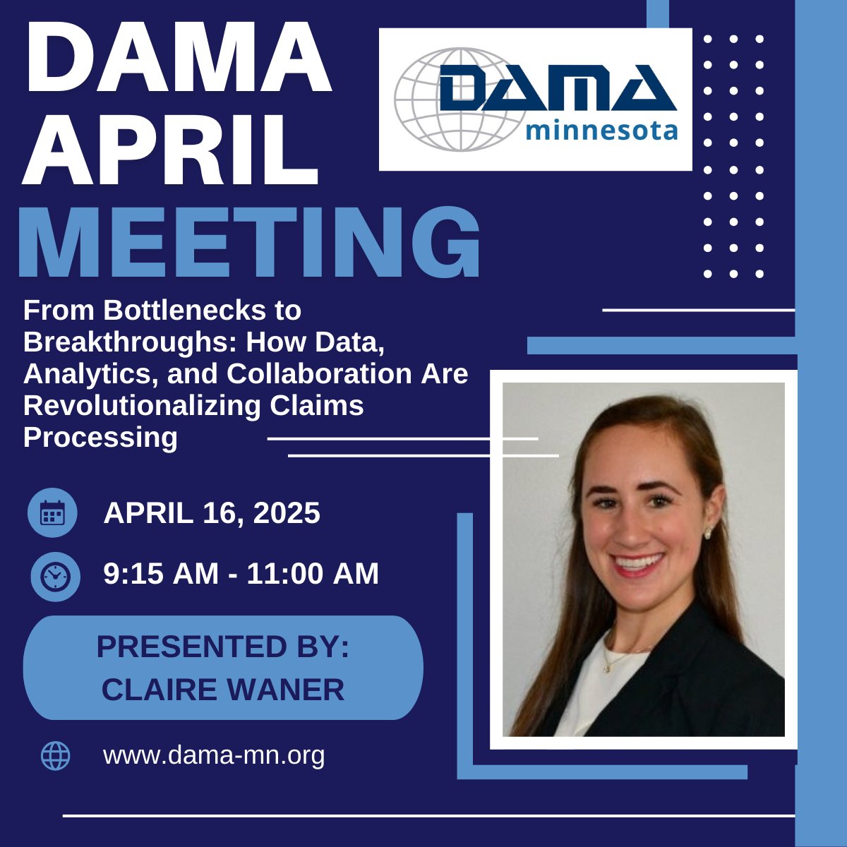DAMA_MN's tweet photo. Don't forget to sign up for the April DAMA-MN meeting!

📆 Wednesday, April 16
✨ Register for the event here: https://t.co/cta8lOP9vL

#data #dama #minnesota #datascience #dataanalytics https://t.co/O2v46kuD66
