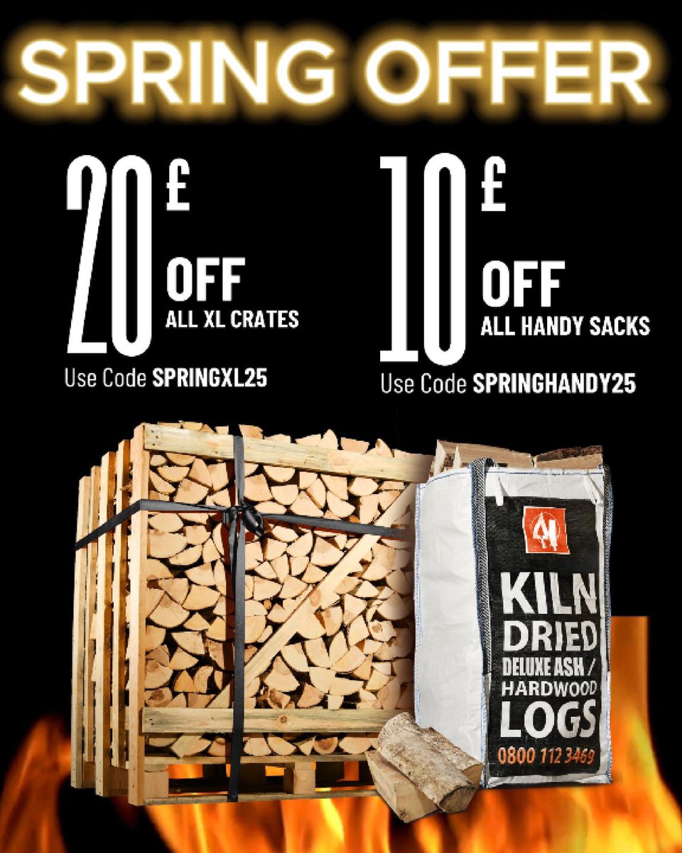 Dear Firewood Family,
Not only have we managed to drop our prices to their lowest since Summer 2023! But our Spring Sale has officially started with huge savings to be made. 
 
£20 OFF ALL XL CRATES - DISCOUNT CODE: SPRINGXL25
£10 OFF ALL HANDY SACK - DISCOUNT CODE: SPRINGHANDY25