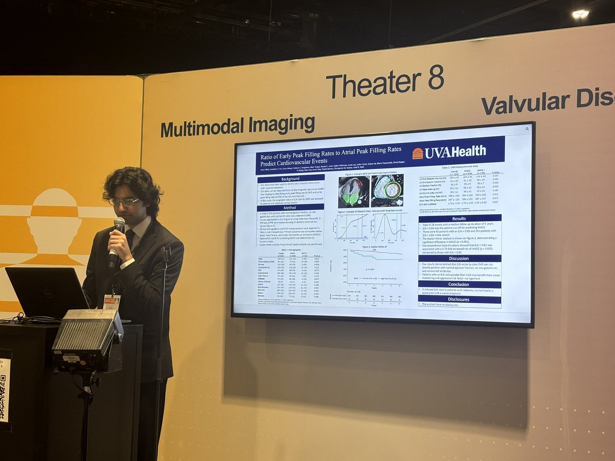 JonathanPanMD's tweet image. Excellent presentation by our medical student Sivam Bhatt about Prognostication using CMR Diastolic Parameters! #ACC25 #UVA