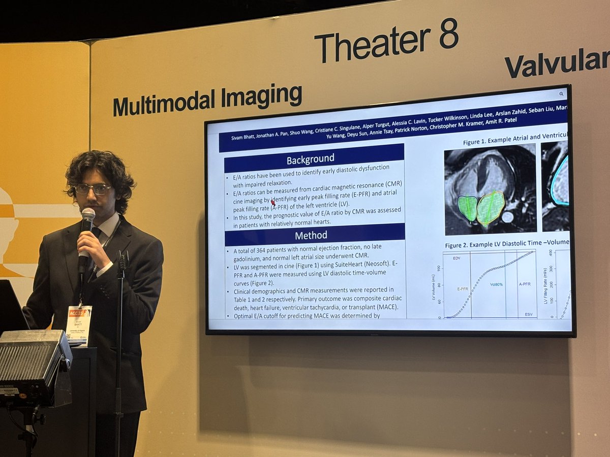 JonathanPanMD's tweet image. Excellent presentation by our medical student Sivam Bhatt about Prognostication using CMR Diastolic Parameters! #ACC25 #UVA