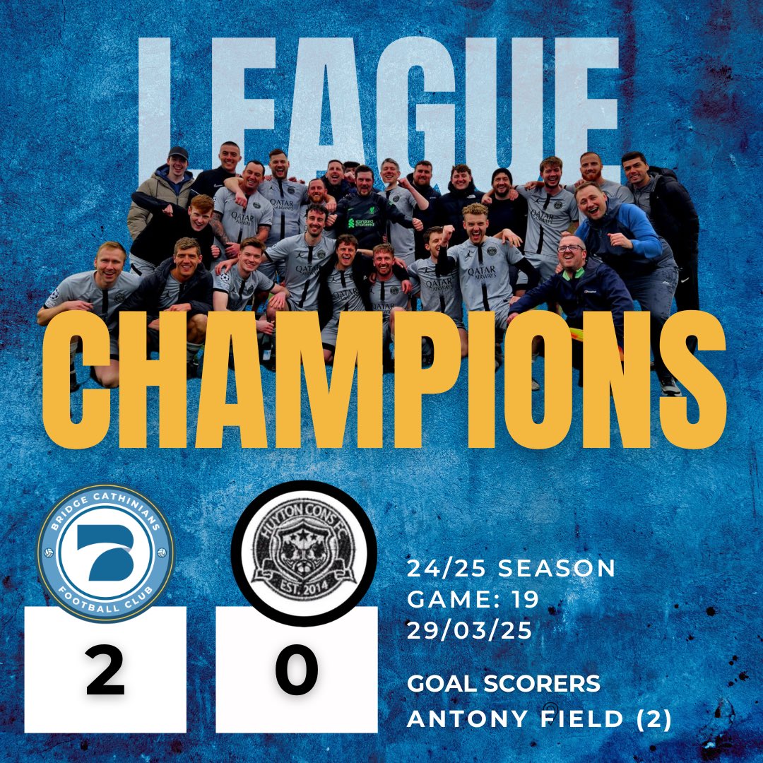Bridge Cathinians FC (@bridgecaths) on Twitter photo π LEAGUE CHAMPIONS! π
A massive 2-0 win away to <a href="/HuytonConsSat/">Huyton Cons Saturday</a> seals the title with 2 games to spare. Goals from Ant and a rock-solid team performance got the job done. π
Now we focus on the National & Akeju Cup! π₯ #UTBC #Champions π LEAGUE CHAMPIONS! π
A massive 2-0 win away to <a href="/HuytonConsSat/">Huyton Cons Saturday</a> seals the title with 2 games to spare. Goals from Ant and a rock-solid team performance got the job done. π
Now we focus on the National & Akeju Cup! π₯ #UTBC #Champions