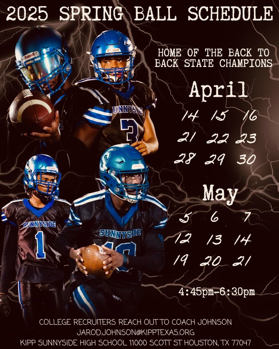 Coach Johnson (@coachj_johnson) on Twitter photo 🔥KIPP Sunnyside Spring Ball Schedule🔥
🗓️ April 14 - May 21 (Every Mon - Wed)
⏰ 4:45 PM - 6:30 PM
Come see what the back to back defending champs are all about!
<a href="/FB_Sunnyside/">Recruit Sunnyside FB 🏈</a> <a href="/CoachJayyRedd/">Coach JayyRedd</a> <a href="/StatZ_G/">Nick StatZ Gradney</a> #RecruitSunnyside 🔥KIPP Sunnyside Spring Ball Schedule🔥
🗓️ April 14 - May 21 (Every Mon - Wed)
⏰ 4:45 PM - 6:30 PM
Come see what the back to back defending champs are all about!
<a href="/FB_Sunnyside/">Recruit Sunnyside FB 🏈</a> <a href="/CoachJayyRedd/">Coach JayyRedd</a> <a href="/StatZ_G/">Nick StatZ Gradney</a> #RecruitSunnyside