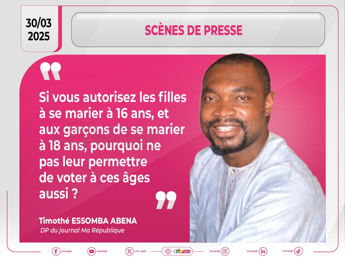 Selon lui, l'âge du vote doit changer au Cameroun.  
#ScenesDePresse #CRTV #CRTVweb