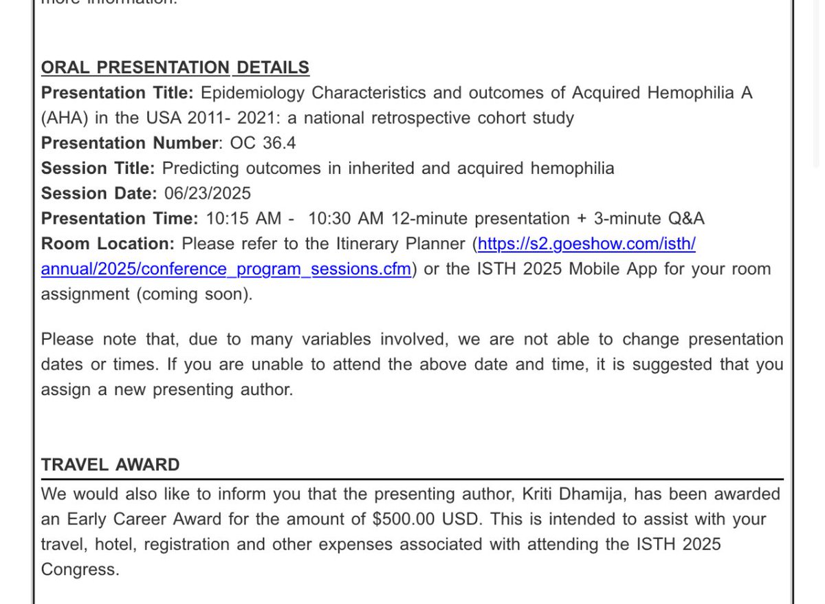 Great things take time. Thrilled to announce that our abstract, “Epidemiology, characters and outcomes of acquired hemophilia A in the USA 
2011-2021” was selected for oral presentation at ISTH 2025 and also got me a Young Career Award. Very grateful to my mentor <a href="/deepshah88/">Deep Shah</a>