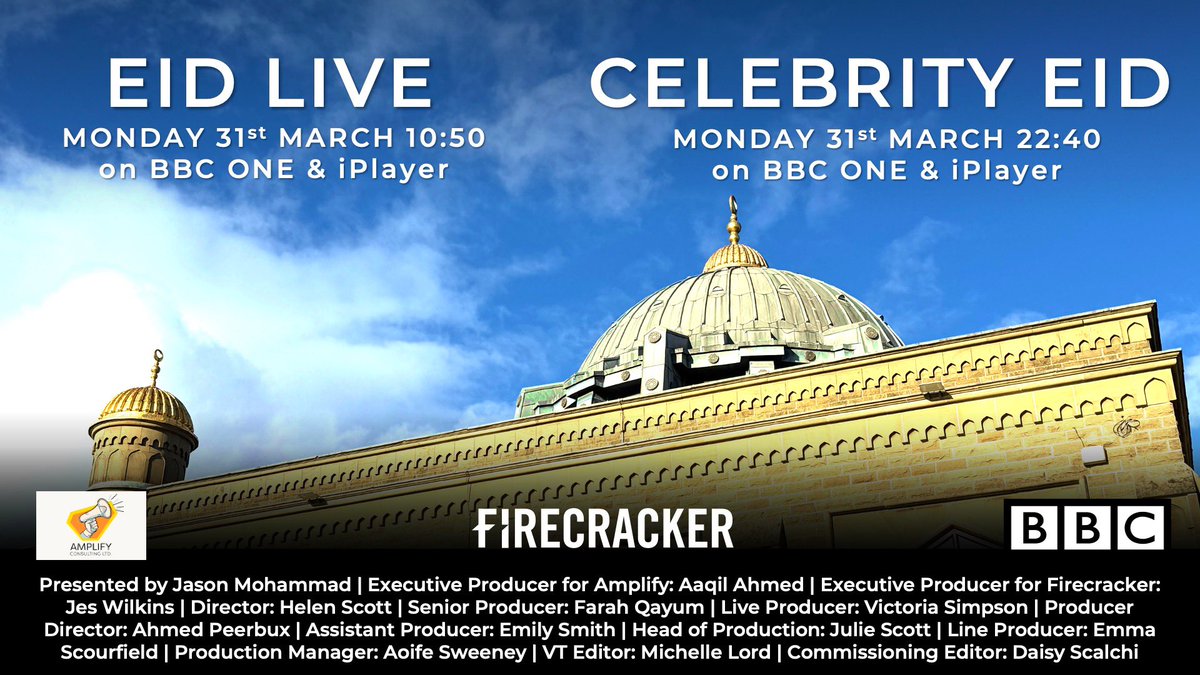 #BBCEid2025 for the first time on a terrestrial channel live Eid prayers Monday 10.50 AM and a celebration show at 10.40 PM on <a href="/BBCOne/">BBC One</a> from the home of the UK city of culture <a href="/bradford2025/">Bradford 2025</a> hosted by <a href="/jasonmohammad/">Jason Mohammad</a> both shows not to be missed. A historic first!