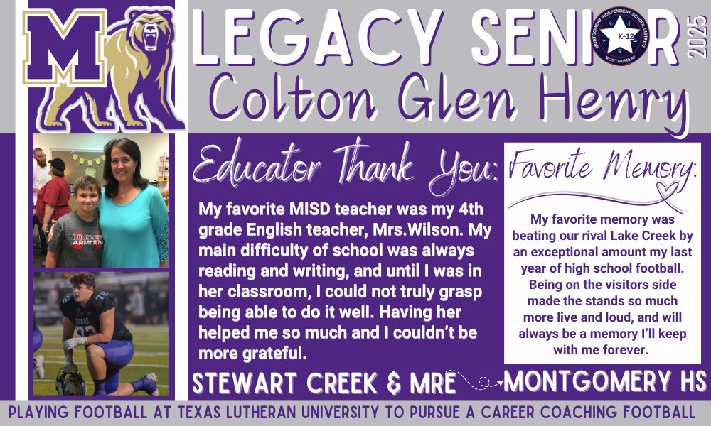 Montgomery ISD (@montgomeryisd) on Twitter photo Congratulations to <a href="/mhs_bears/">Montgomery High School</a> Legacy Senior Colton Glen Henry. Legacy Seniors are students who have attended schools in MISD Kinder-12th grade. We are thrilled to celebrate Class of 2025 Legacy Seniors during their final semester. #MISDLegacySeniors25 #LeavingALegacy #BePremier Congratulations to <a href="/mhs_bears/">Montgomery High School</a> Legacy Senior Colton Glen Henry. Legacy Seniors are students who have attended schools in MISD Kinder-12th grade. We are thrilled to celebrate Class of 2025 Legacy Seniors during their final semester. #MISDLegacySeniors25 #LeavingALegacy #BePremier