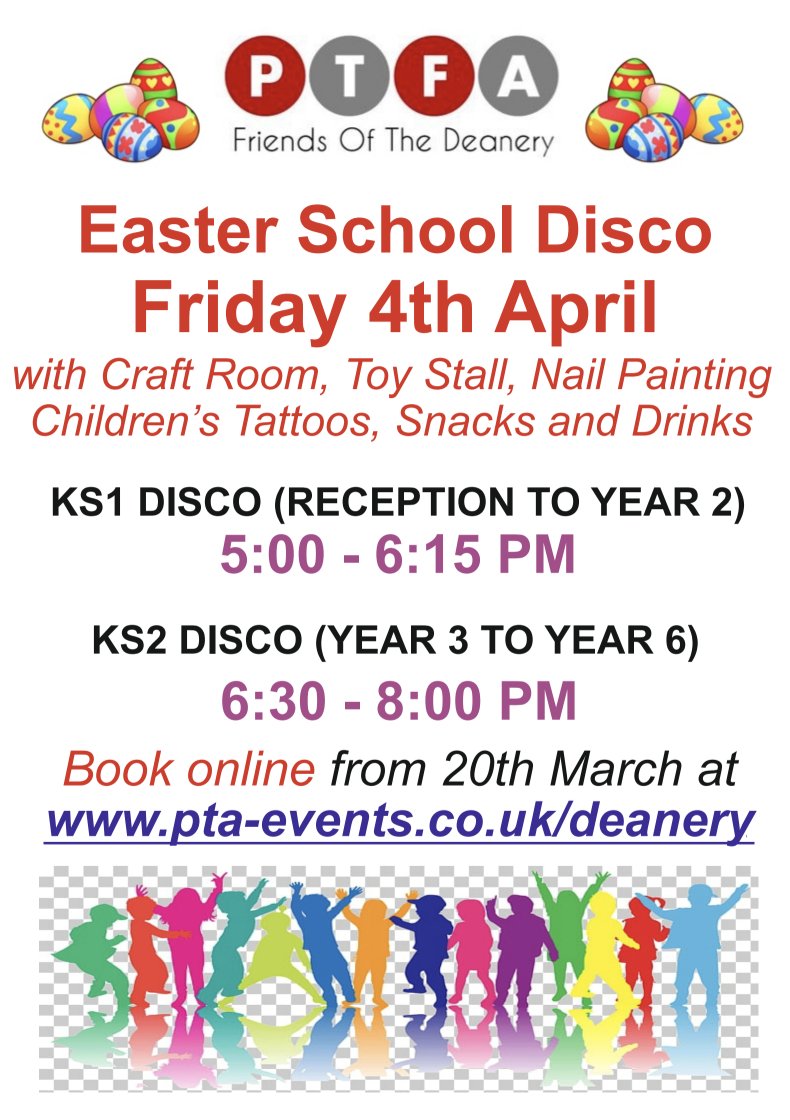 Online ticket sales end for our Easter Disco on Tuesday 1st April.

Please order beforehand to guarantee admission for your child.

Tickets: pta-events.co.uk/deanery