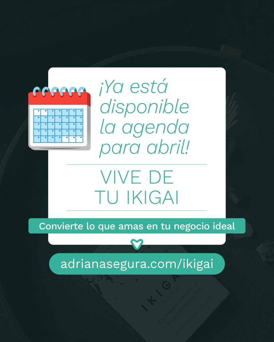 ✅ ¡Ya está disponible la agenda para abril de: VIVE DE TU IKIGAI!
👩🏻‍💻 Reserva tu sesión individual en  adrianasegura.com/ikigai
❗Para abril tengo pocas plazas disponibles.
🧐 En una hora te ayudaré a descubrir qué idea de negocio se alinea con tus propósitos y cómo empezar YA.