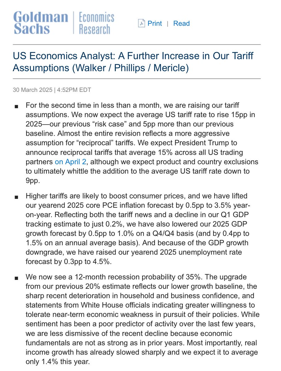 Goldman raises its 12-month recession probability from 20% to 35%.