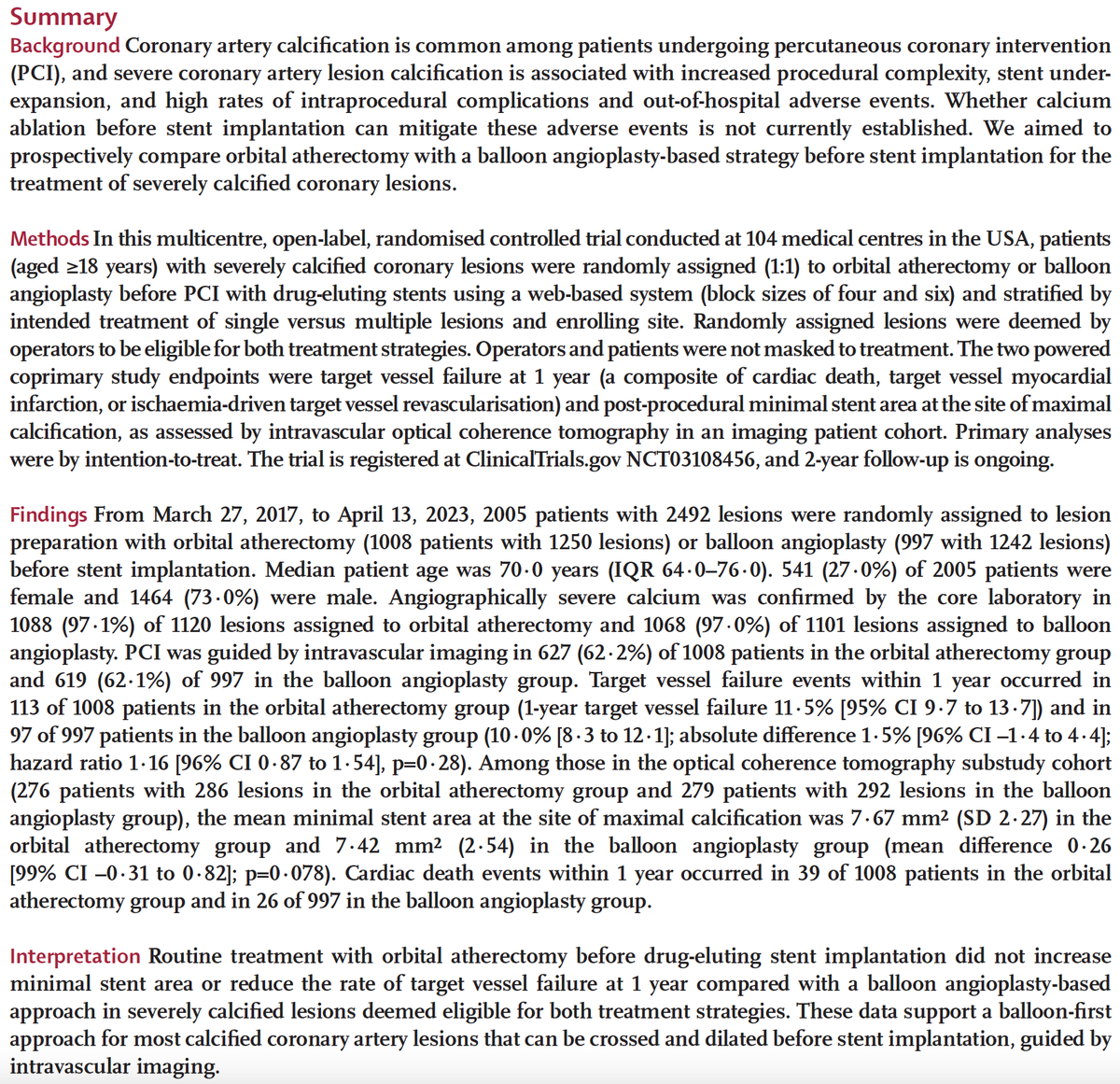 GreggWStone's tweet image. ECLIPSE publ today in Lancet. In 2005 pts with severe lsn calcification by angiography that did not absolutely require atherectomy, there were no sig differences in acute MSA or 1-year TVF with orbital atherectomy vs. balloon pre-dilatation. Free link: authors.elsevier.com/a/1krhgV-4XSfdR