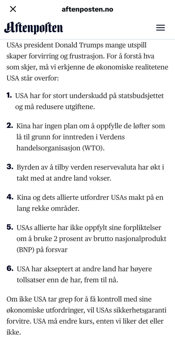 Sci_or_Fic's tweet photo. «Om ikke USA tar grep for å få kontroll med sine økonomiske utfordringer, vil USAs sikkerhetsgaranti forvitre. USA må endre kurs, enten vi liker det eller ikke.»
- Elisabeth Holvik; Sjeføkonom Sparebank 1 gruppen https://t.co/3b1VUOHXzg