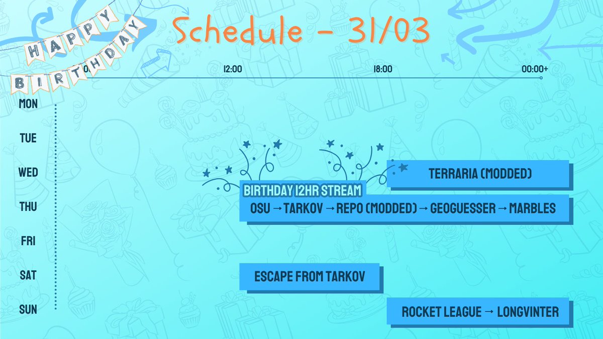 Tasty looking shedule this week with a huge burfday stream happening thursday!