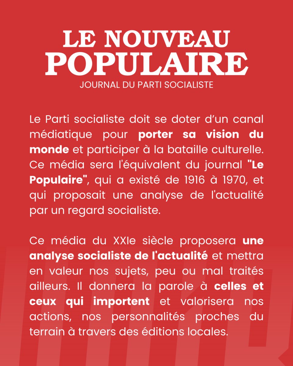 La diffusion des idées socialistes passe par la création d’un espace de réflexion sur les grandes questions politiques et sociales de l'époque.

Nous souhaitons pour cela que le Parti crée son propre journal, Le Nouveau Populaire.