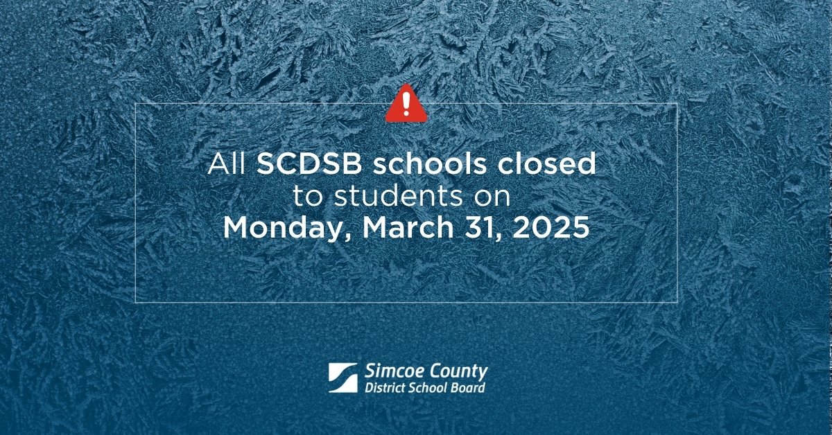 Due to widespread power outages and unsafe conditions from the ice storm in our region, all Simcoe County District School Board (SCDSB) schools will be closed to students on Monday, March 31. 

Learn more: scdsb.on.ca/special_alert/…