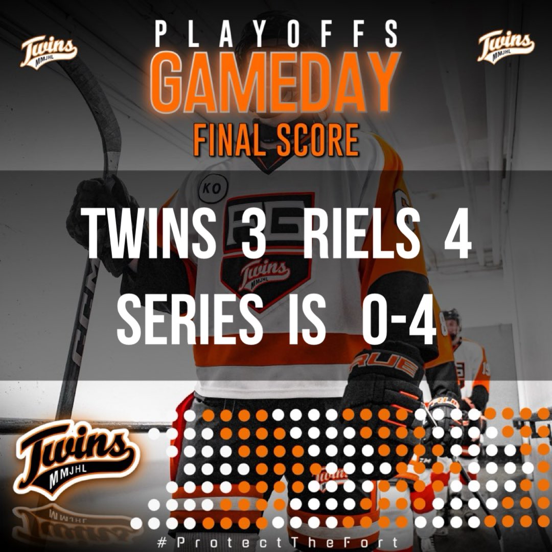 A tough 3-4 loss to <a href="/rielsMMJHL/">St. Boniface Riels</a> and the season ends for the Twins. 
Riels take the series 0-4. 

Box score:
mmjhl.ca/box.php?game_i…