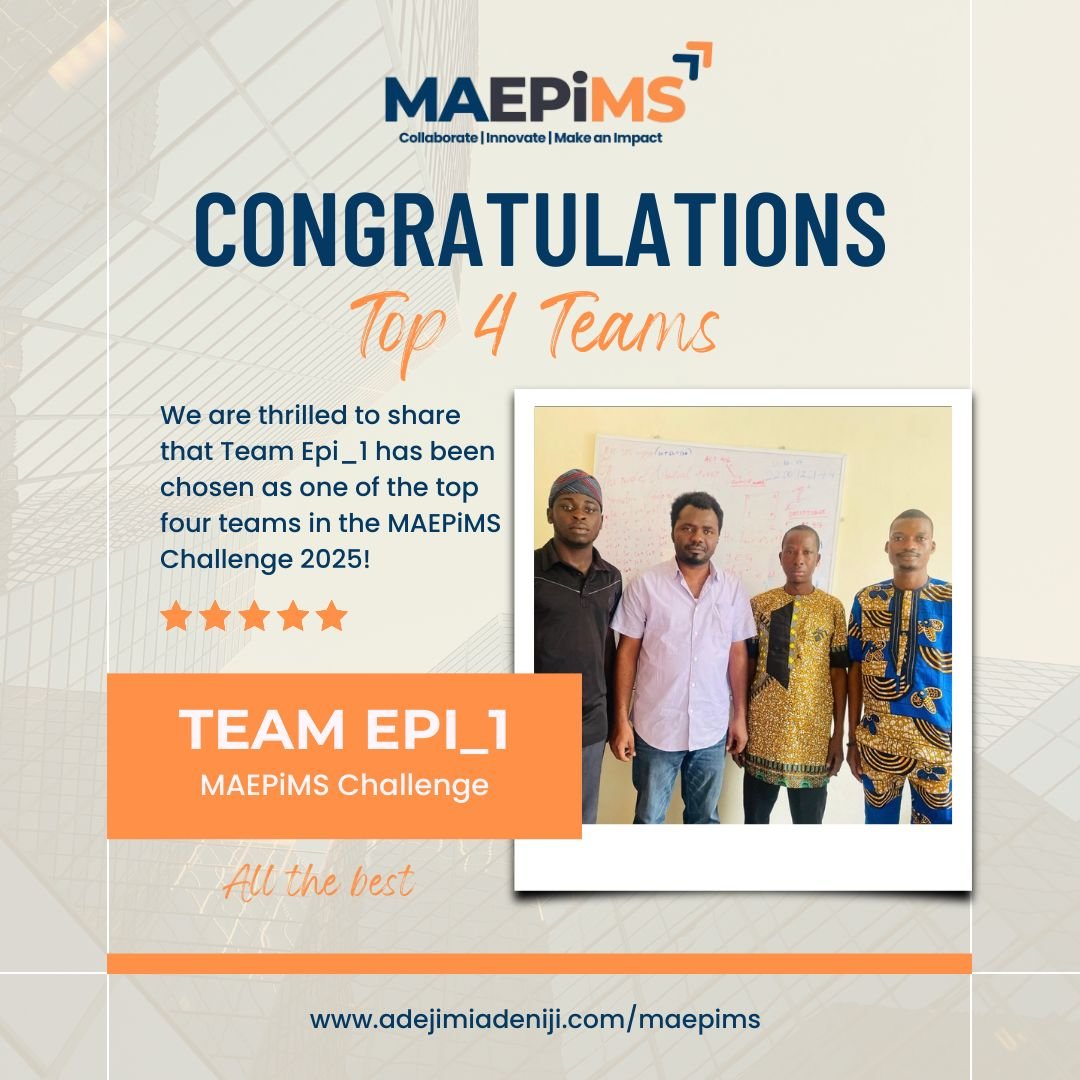 🎉 Congrats to one of our MAEPiMS Challenge Top 4 Teams!

👏Team EPI_1, your dedication &amp; innovation set you apart!   

The final winner will be announced soon.   

Stay tuned! 

#MAEPiMSChallenge #Top4Teams #Innovation #Excellence
