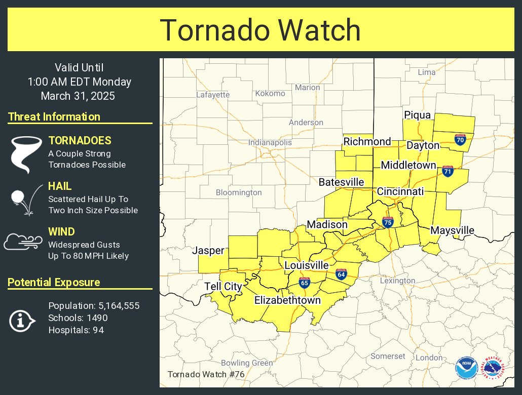 A tornado watch has been issued for parts of Indiana, Kentucky and Ohio until 1 AM EDT