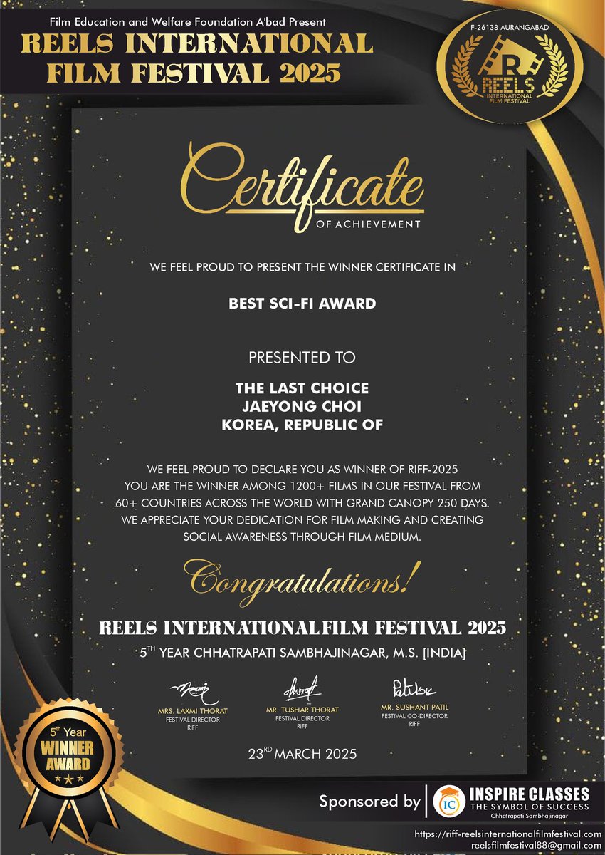 🎬 수상 소식
REELS 국제영화제 2025에서
베스트 SF상(Best Sci-Fi Award) 수상!
AI 영화감독 최재용(Jaeyong Choi)이 연출한 이 작품은,
AI가 인간의 생존을 결정하는 미래 사회를 배경으로
‘양심과 생존 사이’ 인간의 선택을 그린 SF 단편입니다
#TheLastChoice 
#REELS국제영화제 #JaeyongChoi